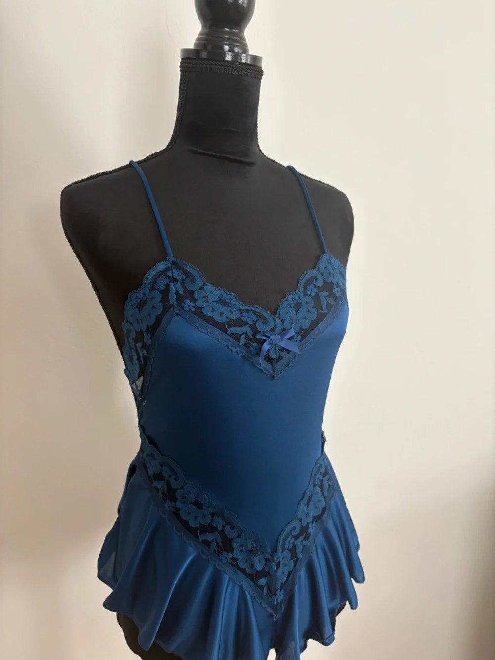 Vtg Silky Navy Blue Lace Trim Slip Romper - Picture 3 of 5